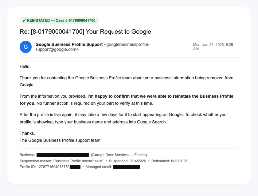 Reinstatement confirmation email from Google Business Profile support for a garage door services business in Florida