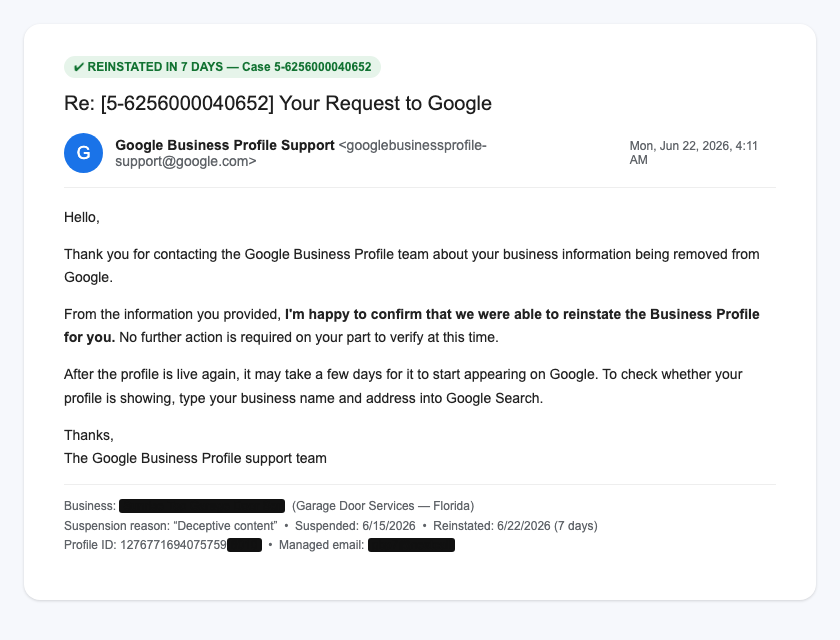 Google reinstatement confirmation email, deceptive content suspension reinstated in 7 days