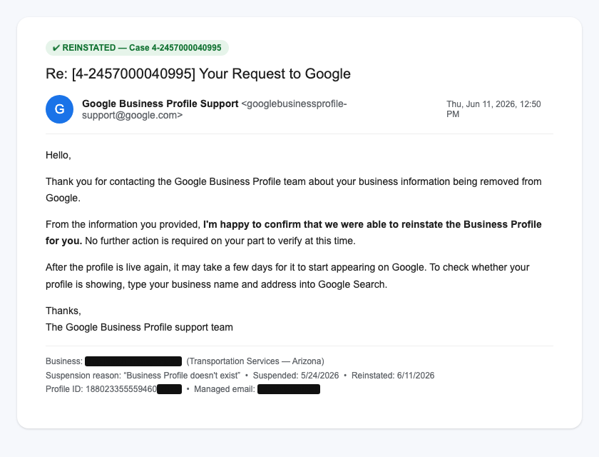 Google reinstatement confirmation email for a transportation business in Arizona