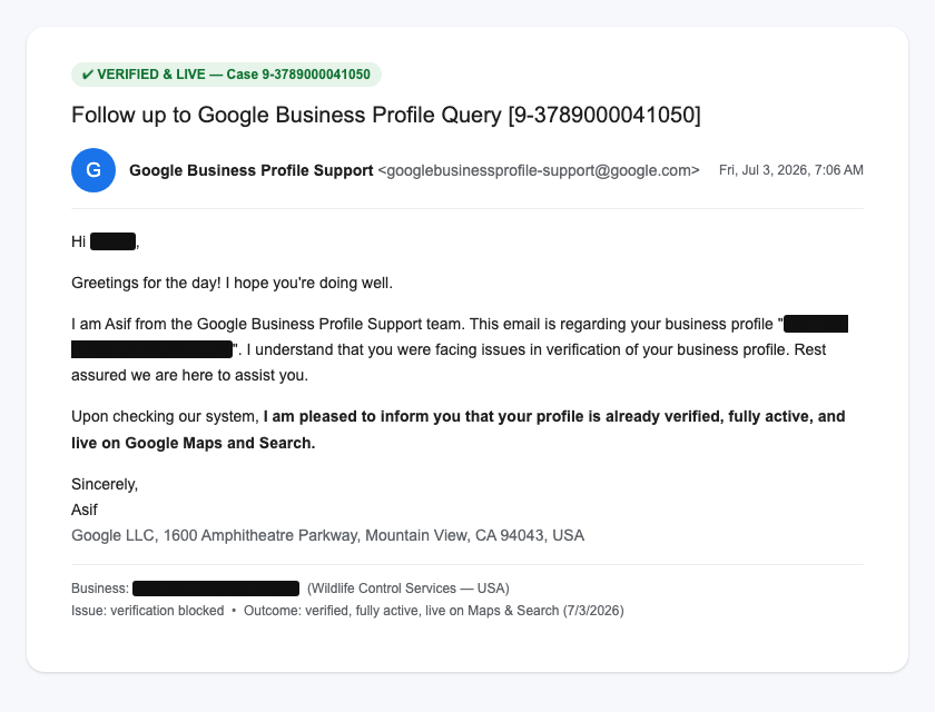 Google confirmation email showing a wildlife control business profile verified and live