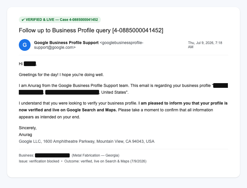 Google confirmation email showing a metal fabrication business profile verified and live